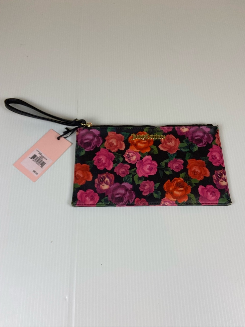 Juicy Couture Black Floral Wristlet Clutch with Pink & Orange Roses